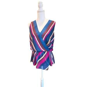 New Trina Turk Multicolor Striped Sleeveless Wrap Blouse, Size M